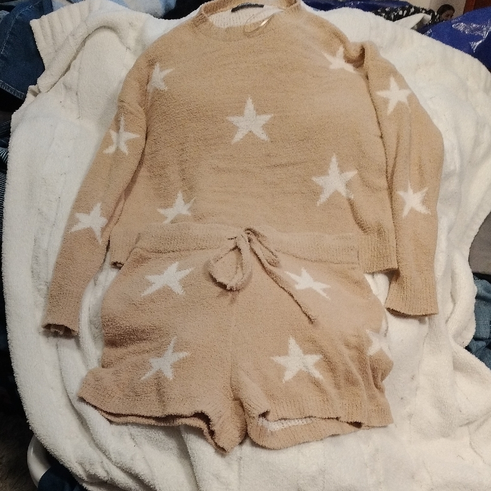 Blue B Beige Knit Sweater and Shorts Set